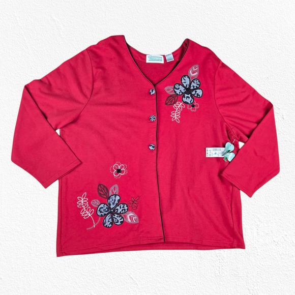 90s Vintage Red Floral Animal Print Embroidered Button Cardigan Jacket Size 2X - Picture 1 of 8